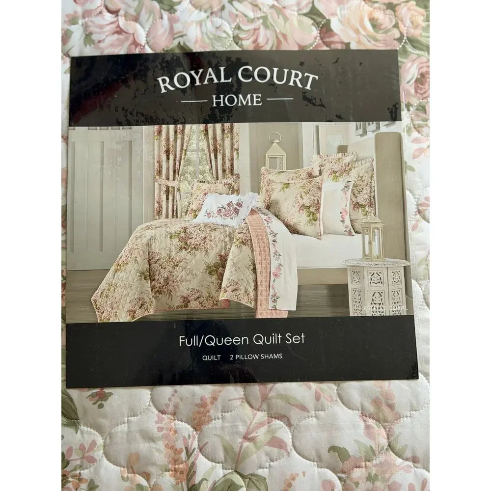NEW! Full/Queen Royal Court Estelle Floral Quilt Set Coral